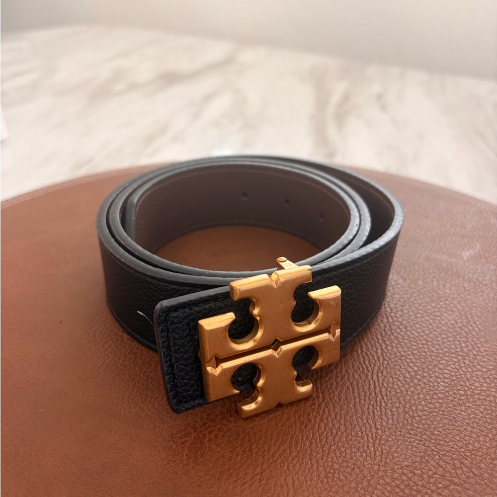 Tory Burch Black Belt with Gold Logo Buckle
